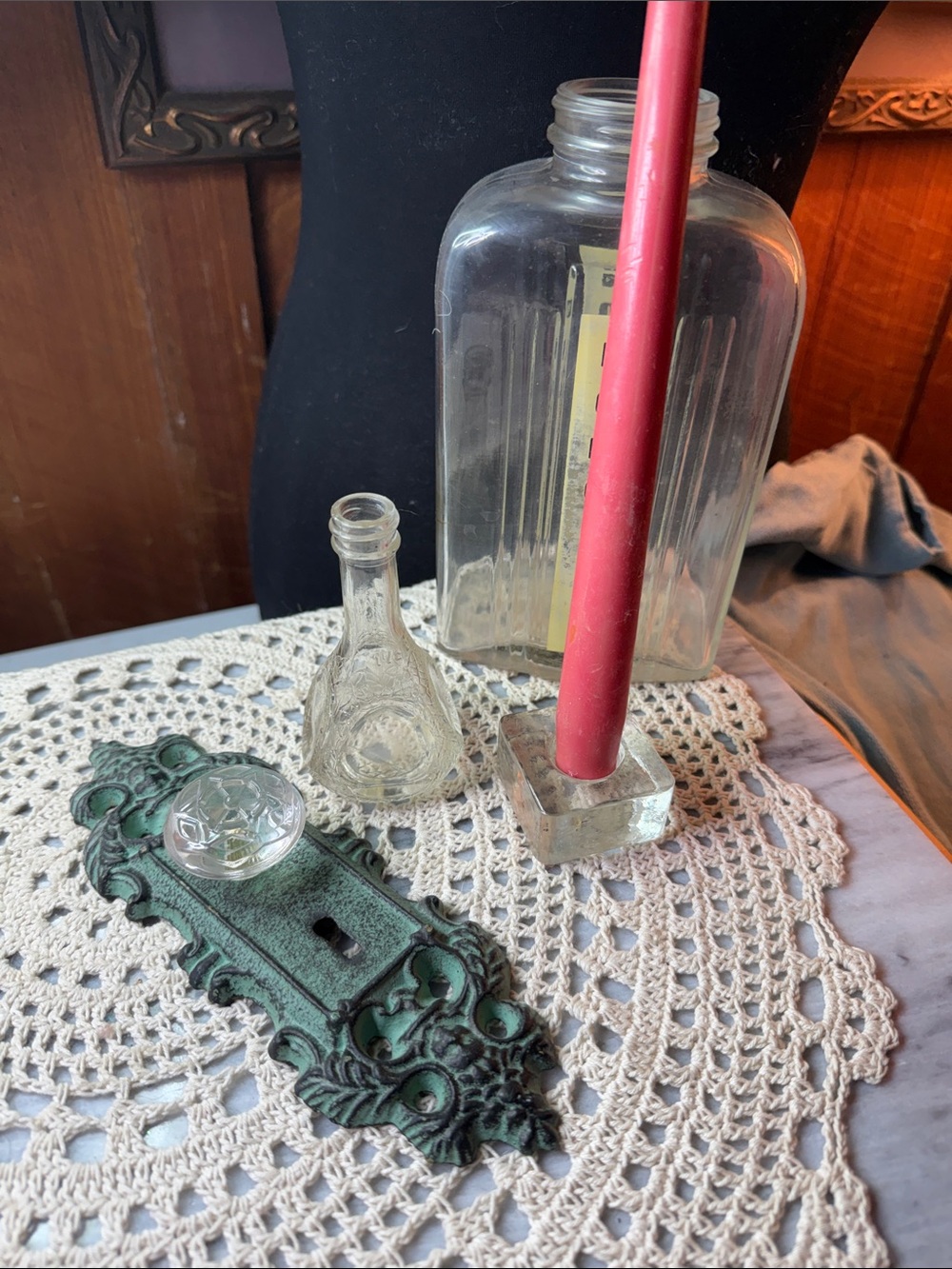 Vintage Green Cast Iron Keyhole Backplate with Glass Knob& Norge & glass jar,